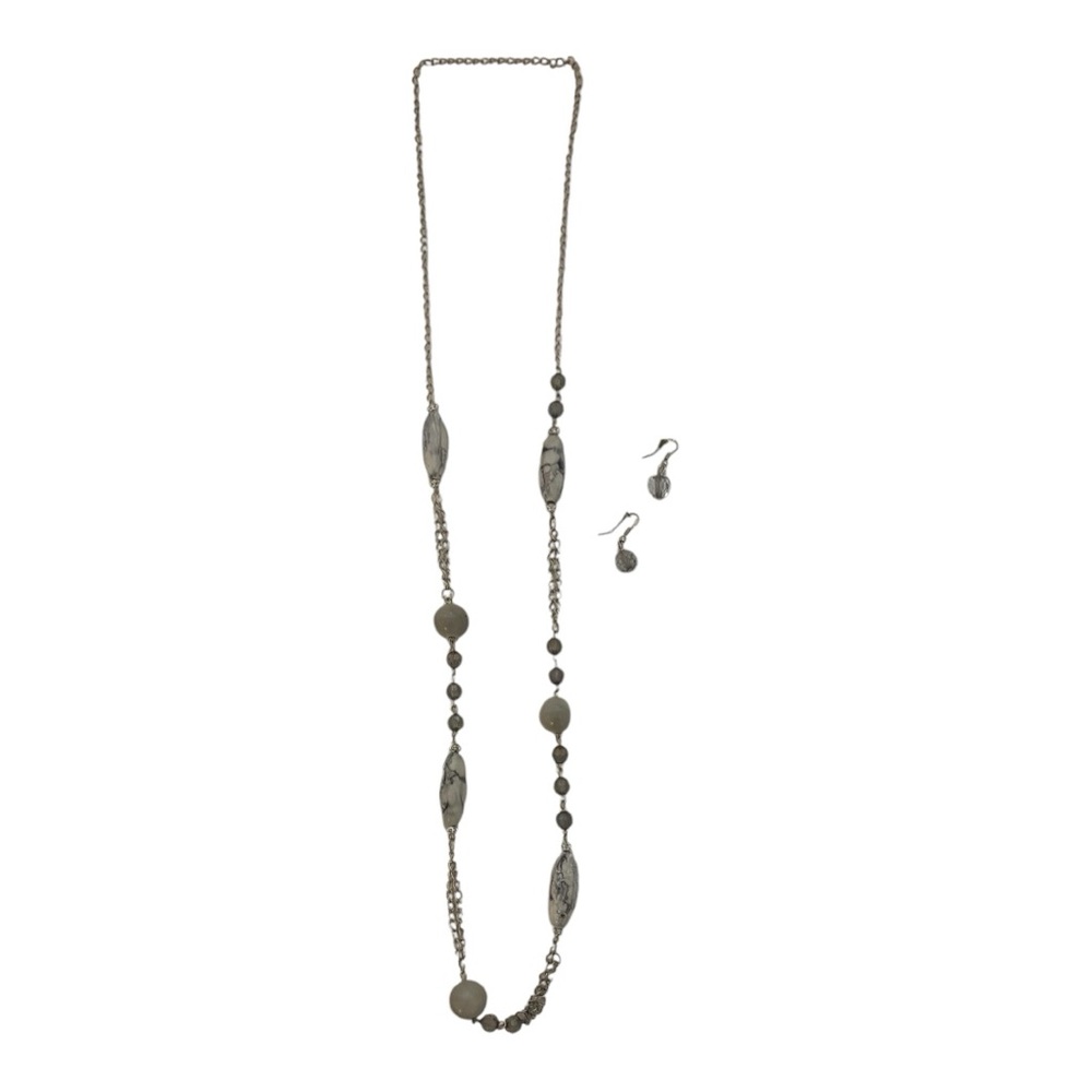 Beaded Necklace and Single Bead 1" Dangly Earrings Set Women's Gray/Silver